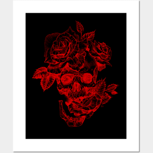 Skull and roses line art in red Posters and Art